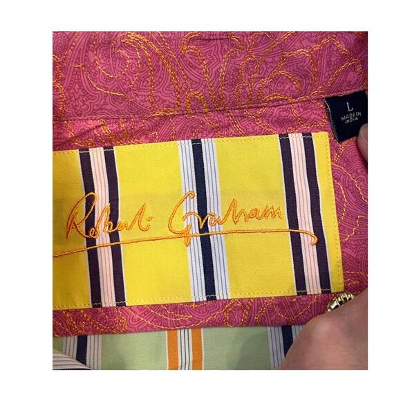 Robert Graham Men's Large Lime Green/Purple Striped Long Sleeve Button Up Shirt - Picture 2 of 7